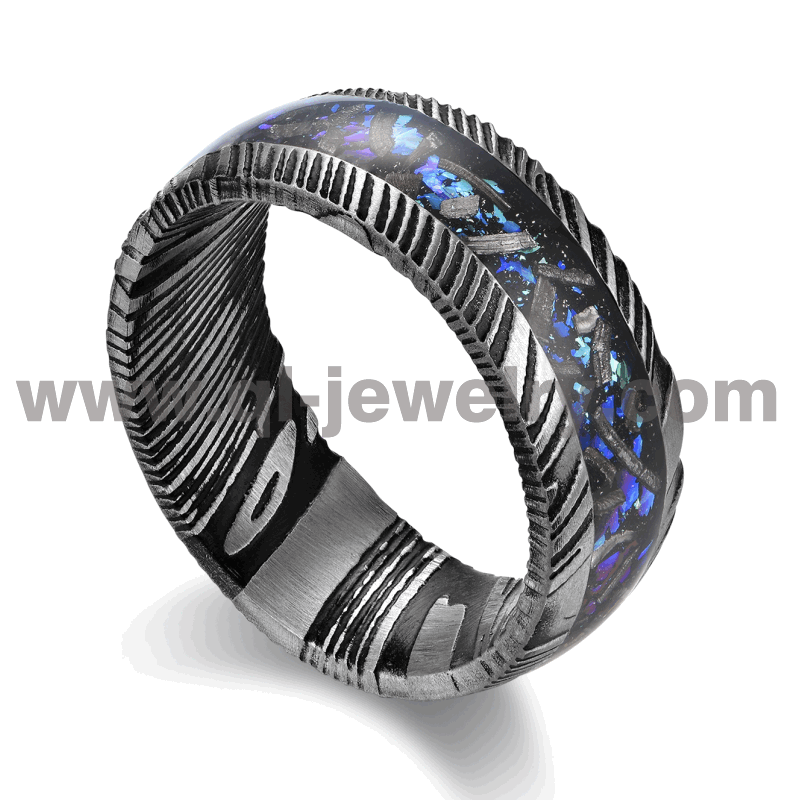 Newest Design The Galaxy Black Damascus Steel Wedding Bands 8MM Domed Black Damascus Steel Ring with Nebula and Foil Inlay China Factory