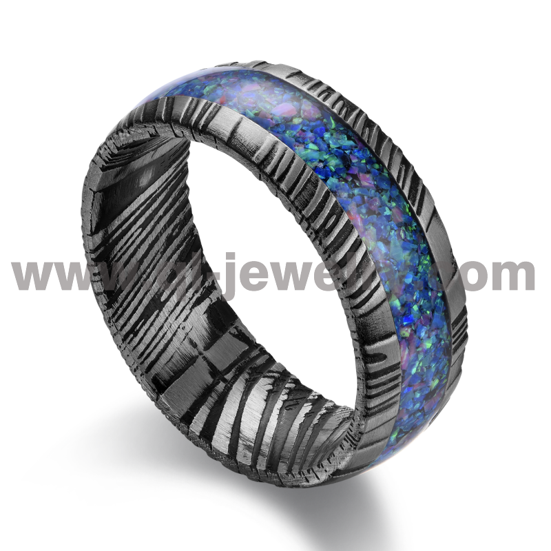 Unique Design Black Damascus Steel Wedding Bands Domed Black Damascus Steel Ring with Blue Opal Inlay China Factory