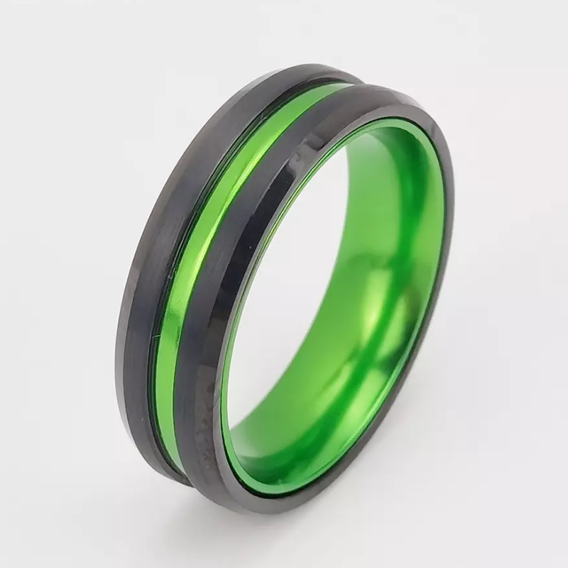 Wolframring auf Lager Beliebte 6 mm hochglanzpolierte und gebürstete flache und abgeschrägte Kanten aus schwarzem Wolframkarbid und grünem Aluminiumring China Hersteller