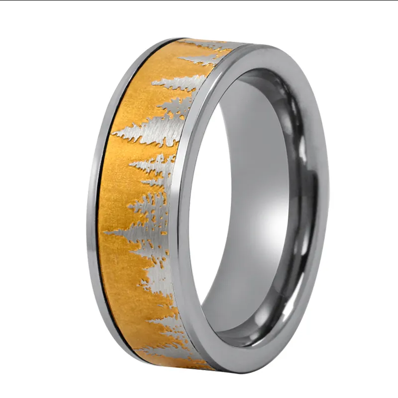 High Quality and Affordable Tungsten Carbide Ring Gold Forest Mountain Ring Laser Landscape Mens Tungsten Wedding Bands China Manufacturer