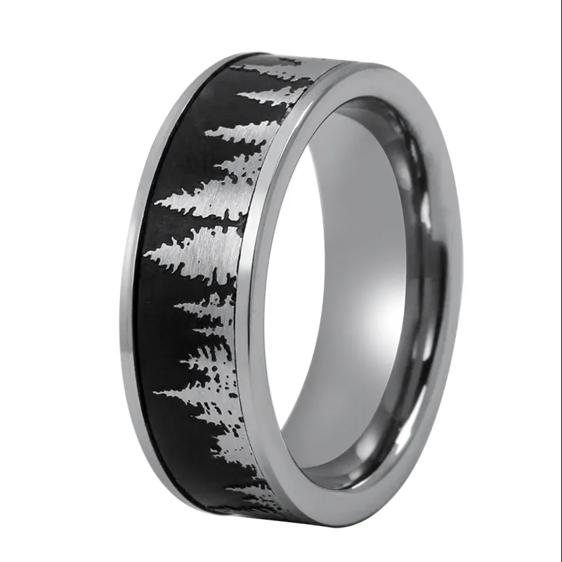 High Quality and Affordable Tungsten Carbide Ring Black Forest Mountain Ring Laser Landscape Mens Tungsten Wedding Bands China Manufacturer