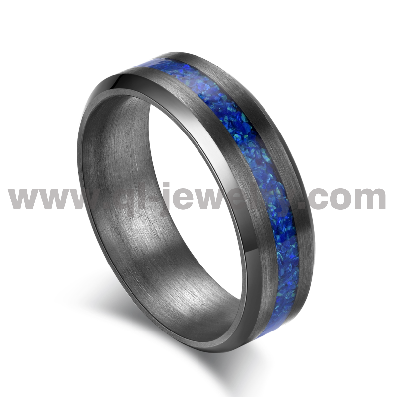 Rare metal wedding band for men women 6mm beveled edges pure tantalum ring with blue opal inlay China Manufacturer