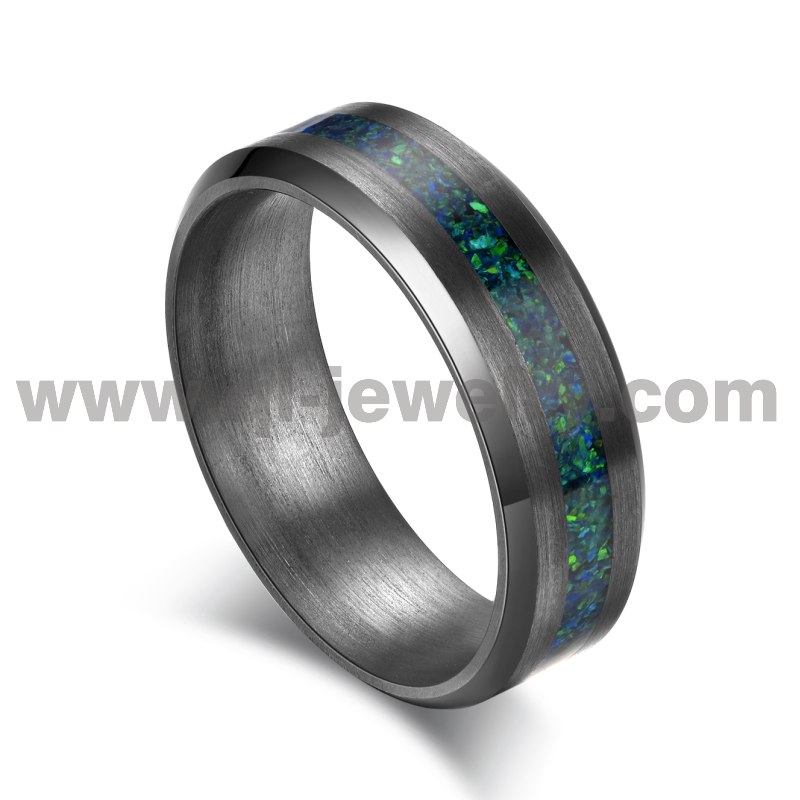 Rare metal wedding band for men women 6mm beveled edges pure tantalum ring with green opal inlay China Manufacturer