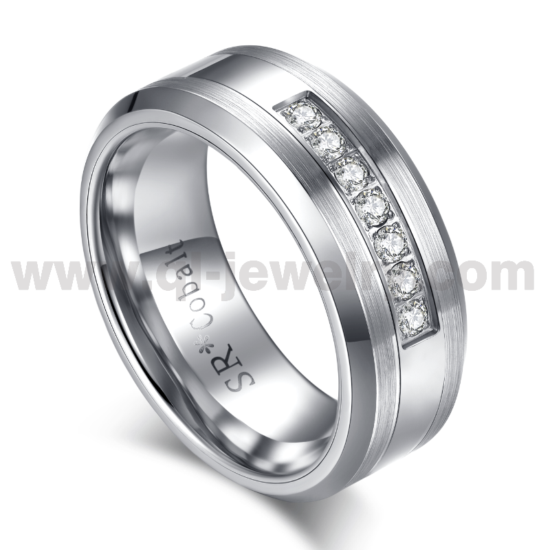 2023 Kobalt-Eheringe im neuesten Stil, 8 mm, flaches und abgeschrägtes Design, bequeme Passform, Kobalt-Ring mit 7 CZ-Steinen, China-Hersteller