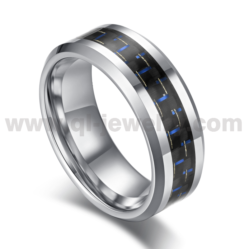 2023 Kobalt-Eheringe im neuesten Stil, 8 mm, hochglanzpolierter, flacher und abgeschrägter Kanten-Kobaltring mit schwarzem und blauem Kohlefaser-Inlay, chinesischer Hersteller