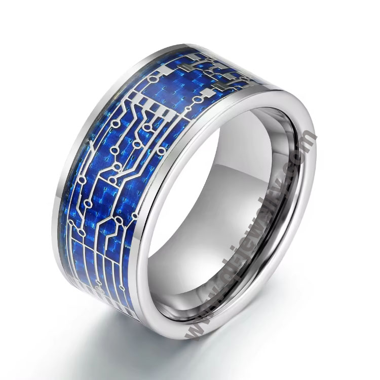 Bague de mariage sophistiquée en carbure de tungstène de 10 mm, incrustation délicate, bague en fibre de carbone bleue, bague de luxe pour hommes, bijoux, fabricant chinois