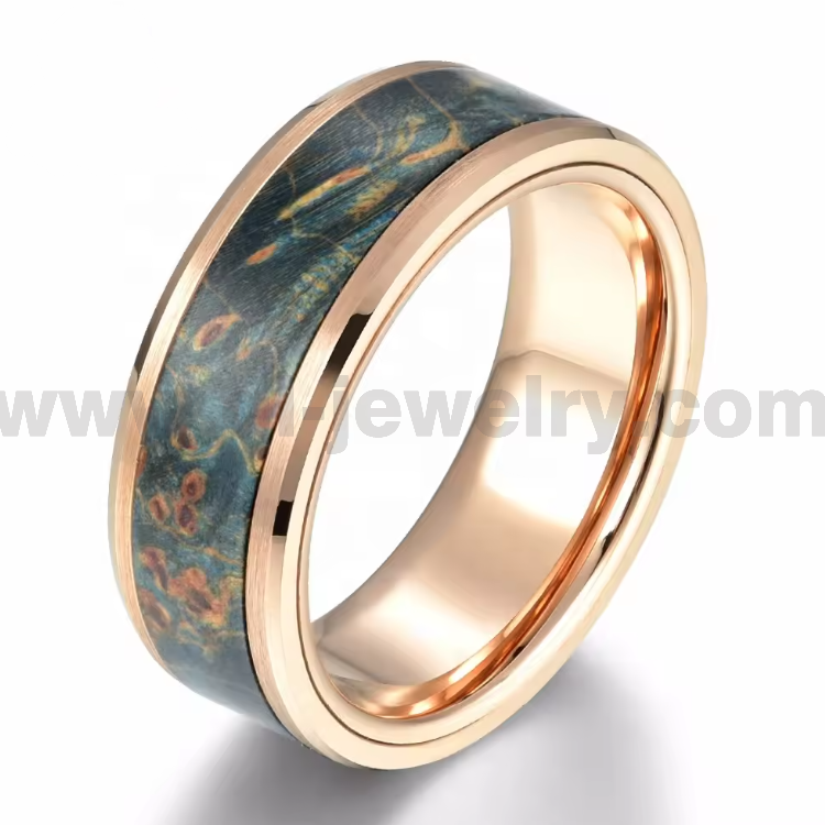 QL bijoux vente en gros anneaux bague de mariage en tungstène or Rose avec bague en bois stabilisé vert