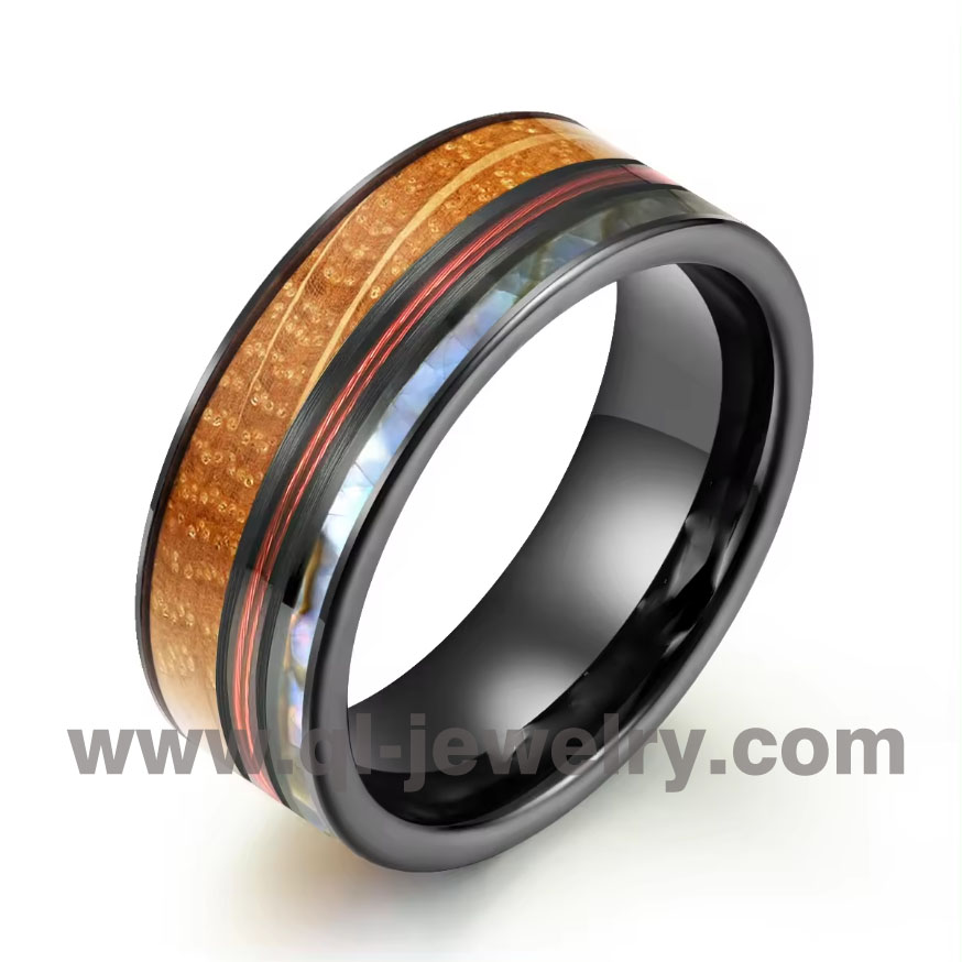 High Quality and Affordable Fashion  New Design Red Fishing Line And Abalone Inlay Tungsten Band For Men Whiskey Barrel Wood Ring China Manufacturer