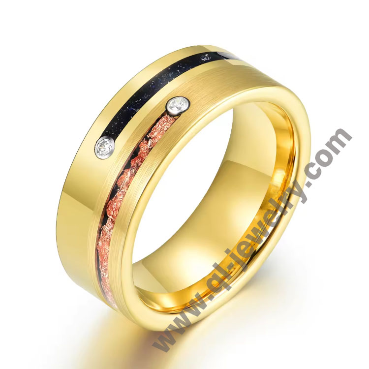 Chine Bagues de fiançailles en feuille d'or en grès bleu de haute qualité en tungstène brossé, bague de mariage plaquée or 18 carats pour hommes, fabricant chinois
