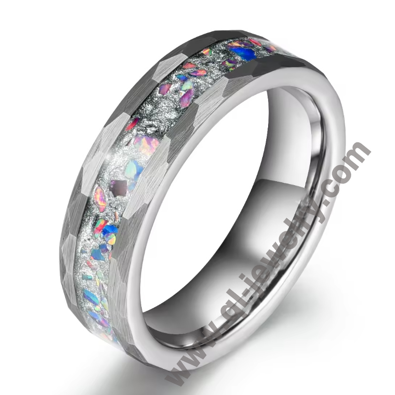 Chine Bague en tungstène martelé en argent neutre de 6 mm pour hommes, incrustation d'opale, bandes de mariage, bijoux, bagues en tungstène opale, fabricant chinois