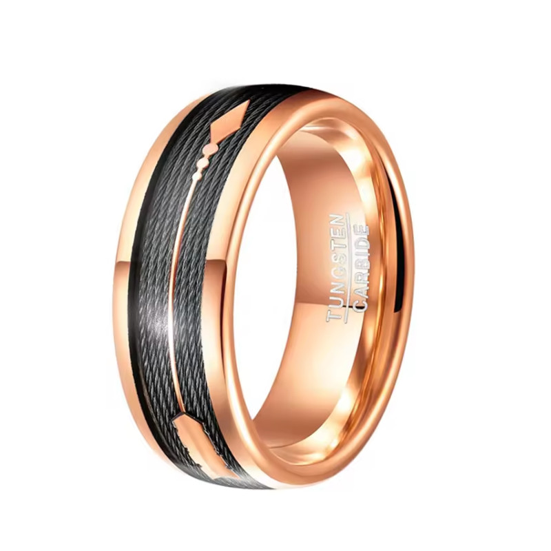 Bague en carbure de tungstène en or rose bombé pour hommes, avec ligne de pêche noire et flèche en or rose, fournisseur chinois, vente en gros