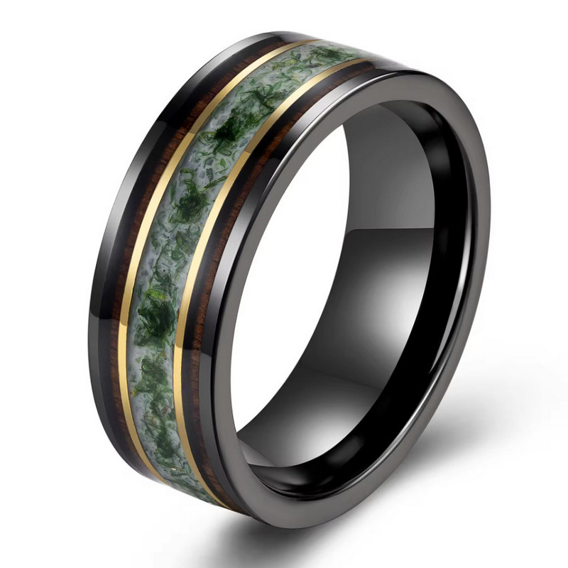 Chine Bague de mariage en tungstène plaqué noir avec incrustation de mousse verte de 8 mm, polie de 8 mm, nouvelle conception, fabricant chinois
