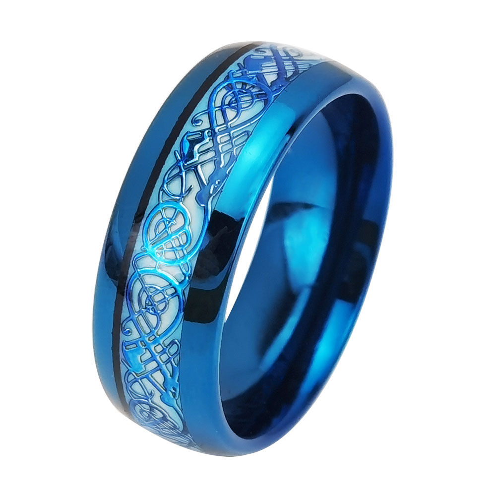 Un montón de alianzas de boda de tungsteno en stock, precios al por mayor, anillo de carburo de tungsteno luminoso azul con incrustaciones de dragón, proveedor de China
