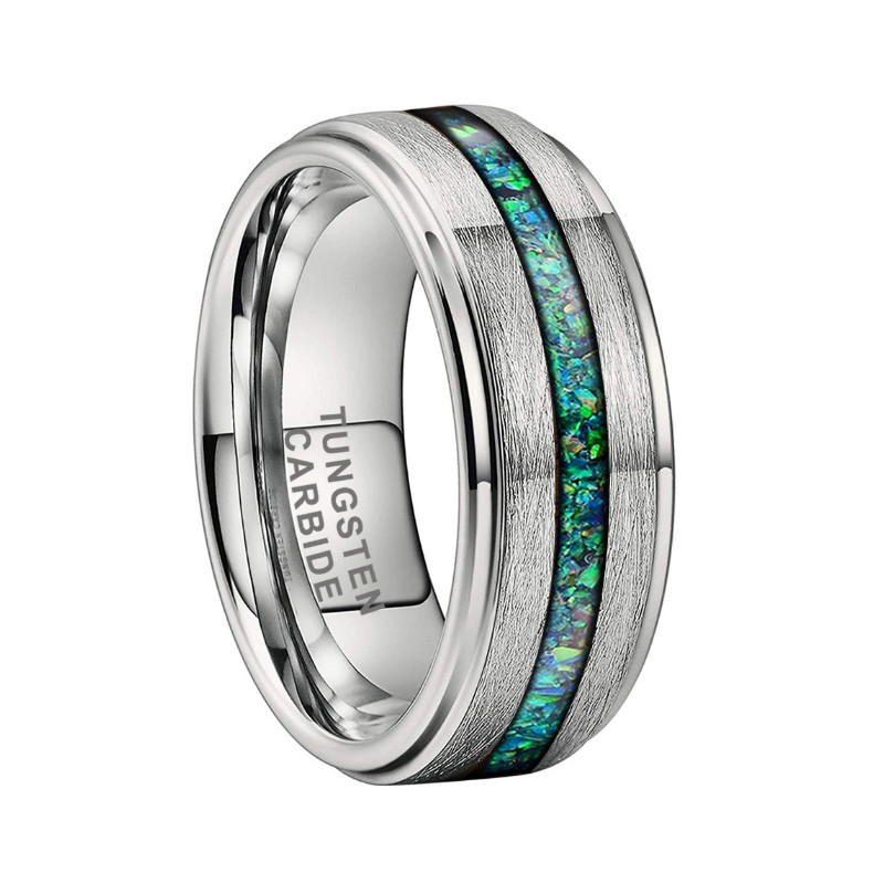 Nouvelle conception d'alliances pour hommes, bords plats et étagés de 8 mm, mélange d'anneau en carbure de tungstène brossé avec incrustation d'opale verte, usine chinoise