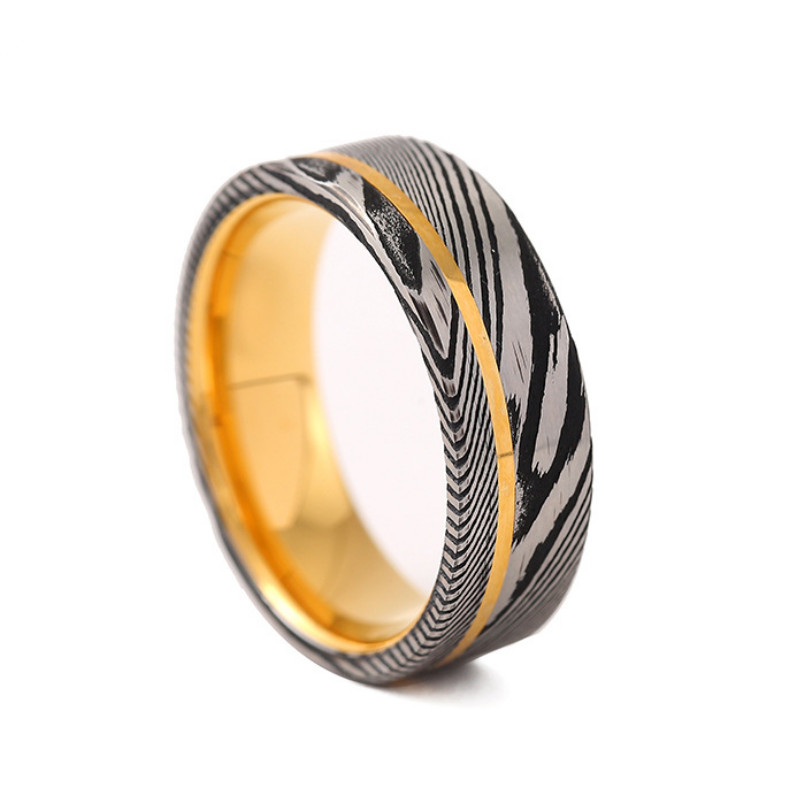 Offre spéciale 8 mm or tungstène et argent noir alliance en acier damas avec une bande dorée sur le côté pour hommes fournisseur chinois