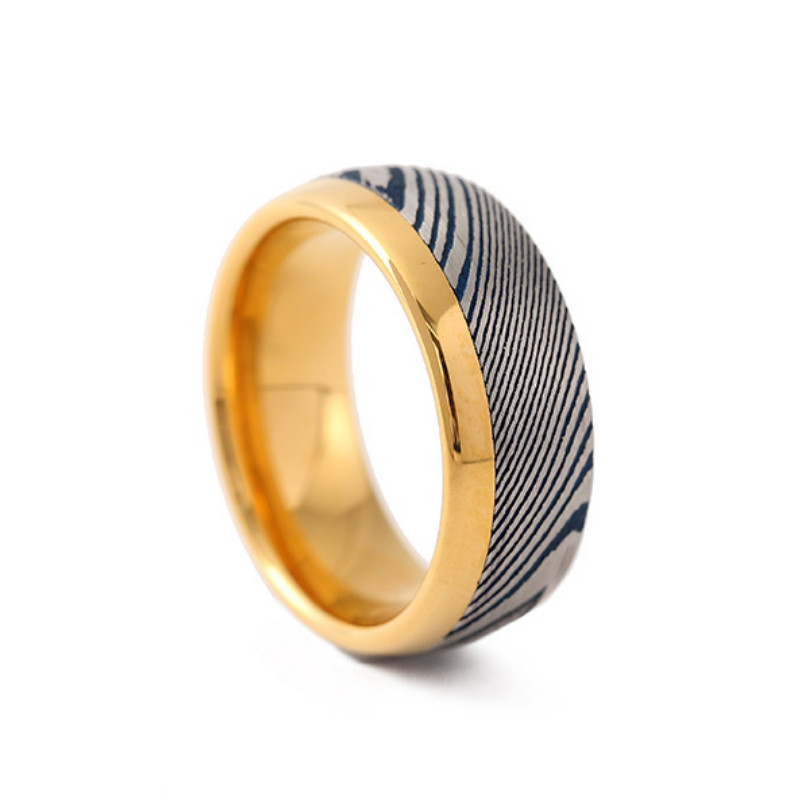 Vendita calda Fede nuziale in acciaio di Damasco con cupola in oro da 8 mm e argento blu per uomo Fornitore in Cina
