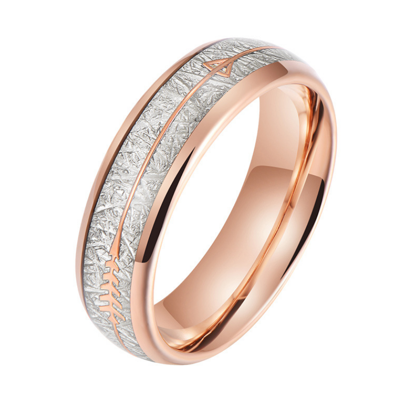 Bagues de mariage en gros pour hommes, bague en carbure de tungstène en or rose de 6 mm avec imitation de météorite et incrustation de flèche, fabricant chinois