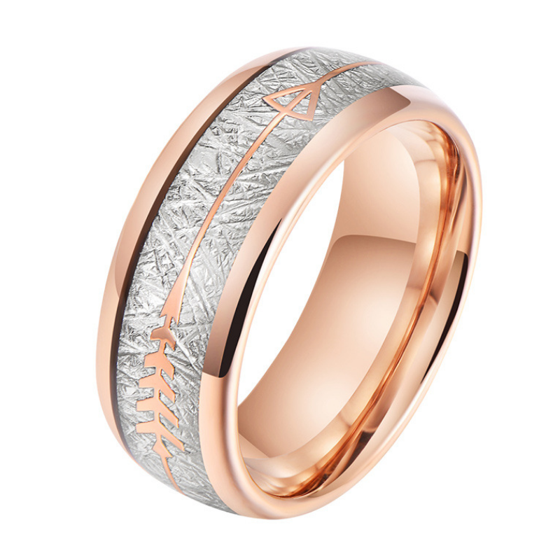 Bagues de mariage en gros pour hommes, bague en carbure de tungstène en or rose de 8 mm avec imitation de météorite et incrustation de flèche, fabricant chinois