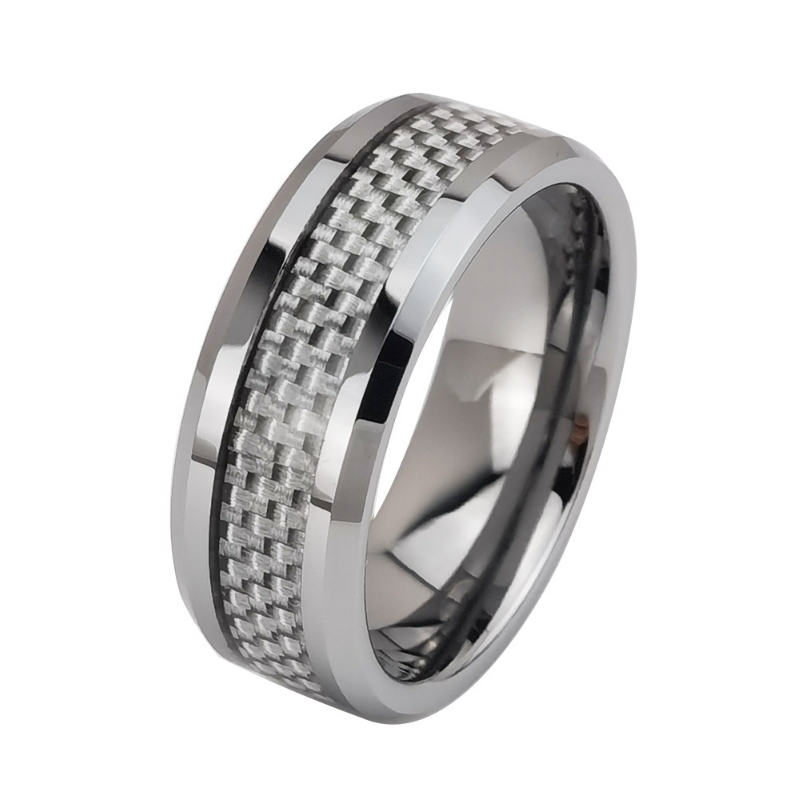 Un montón de alianzas de boda de tungsteno en stock Anillo de carburo de tungsteno con bordes biselados de 8 mm con proveedor de China de fibra de carbono blanca