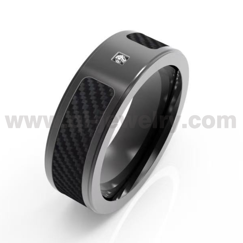 Anello in titanio nero piatto da 8 mm con fibra di carbonio nera e fabbrica cinese di pietra 1CZ