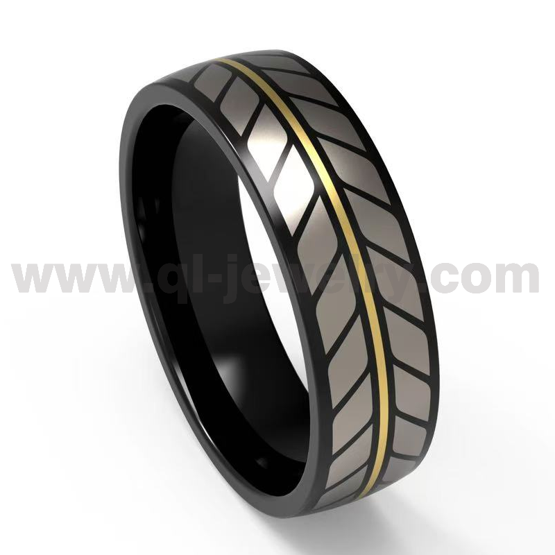 Chine Alliances en titane noir pour hommes Bague en titane noir bombé de 8 mm avec une ligne dorée et un motif laser Fabricant chinois
