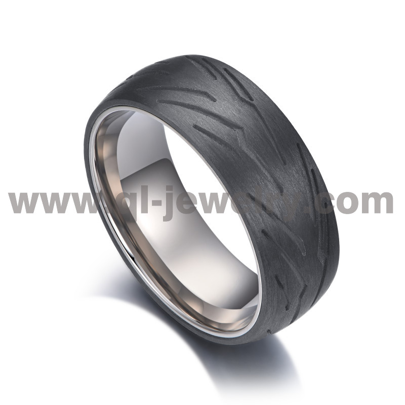 Simple and Unique Solid Forged 8mm Engraved Tyre Pattern Black Carbon Fiber and Titanium Ring Black Tyre Wedding Bands