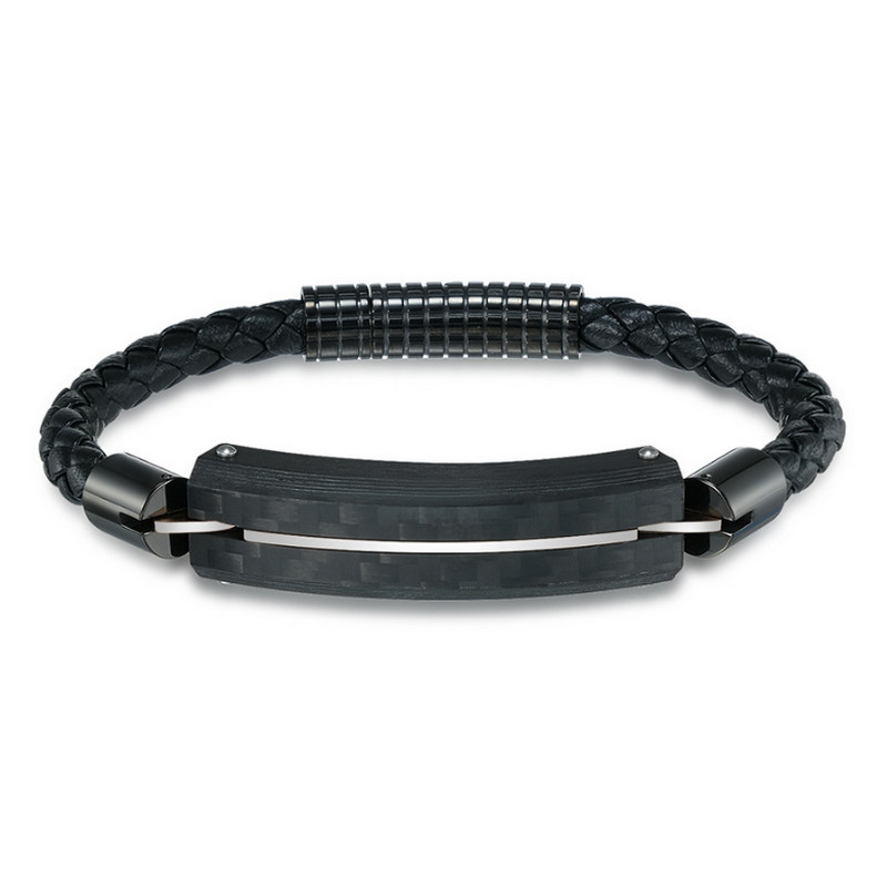 En stock Bracelet en cuir pour hommes en acier inoxydable en fibre de carbone noir Bracelet d'identification en argent en fibre de carbone noir pour hommes Chine Fabricant