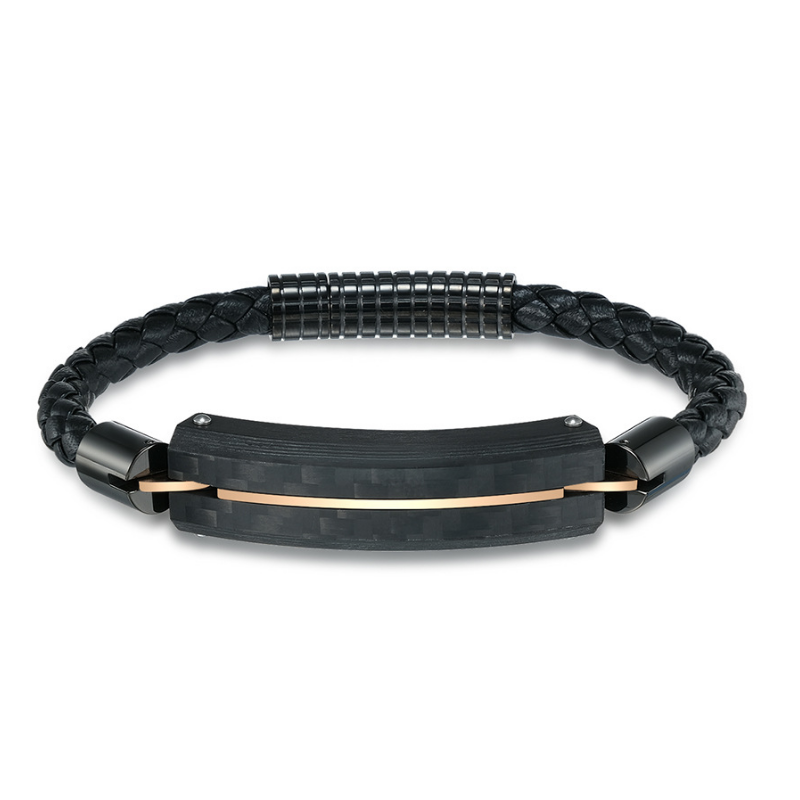 Auf Lager Schwarzes Carbonfaser-Edelstahl-Herren-Lederarmband Schwarzes Carbonfaser-Roségold-ID-Armband für Männer China Hersteller