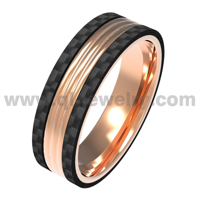 Fábrica - Hecho: anillo de titanio y fibra de carbono de 8 mm con rosa - acentos de oro Bodas de boda de fibra de carbono negro únicos Fabricante de China