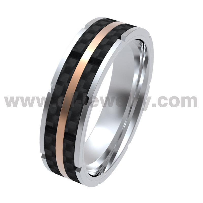 Anillo de fibra de carbono forjado liviano de 8 mm anillo de titanio elegante con fibra de carbono y rosa - acento de oro China Fabricante