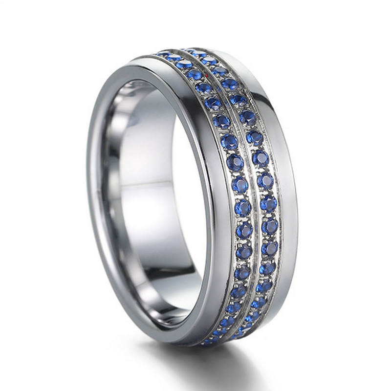 Designer High Quality Tungsten Carbide Ring with Blue CZ Stones 8mm Unique Tungsten Wedding Bands China Supplier