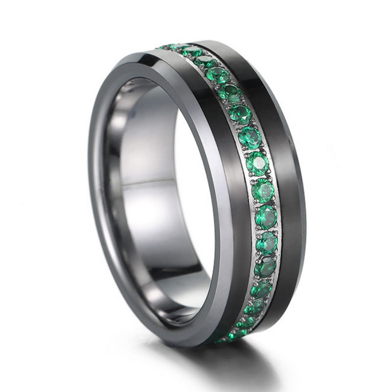 Nouveau design de haute qualité de 8 mm à plat et bords biseautés anneau en carbure de tungstène avec des bandes de mariage en tungstène de pierres vertes pour hommes fabricant chinois