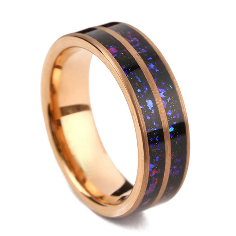 Band en gros de 8 mm à double boisé avec Black Goldstone & Opal Inware | Gold rose électroplate et mate de sablonnette de sable