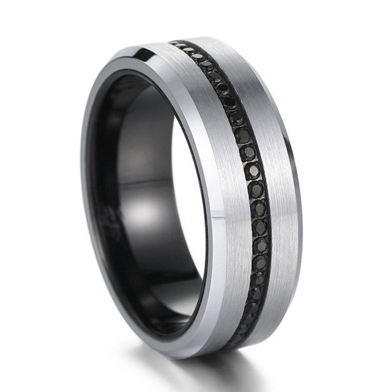 Anillo de carburo de tungsteno de alta calidad de diseño de alta calidad: arenisca mate de 8 mm con bordes electroplacados negros e incrustaciones de china negra con incrustaciones de China