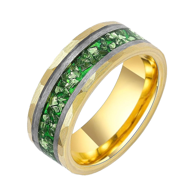 Bague de tungstène en chanfrein en or 8 mm incrusté de stone verte en pierre de gravier en tungstène ring