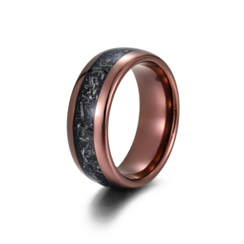 8mm Coffee Plating Domed Meteorite Tungsten Carbide Ring Brown Tungsten Wedding Bands with Chipped Iron Inlay China Supplier