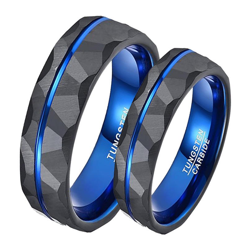 China Anillo de carburo de tungsteno negro y azul facetado de dos tonos para hombres Joyería masculina moderna Fabricantes