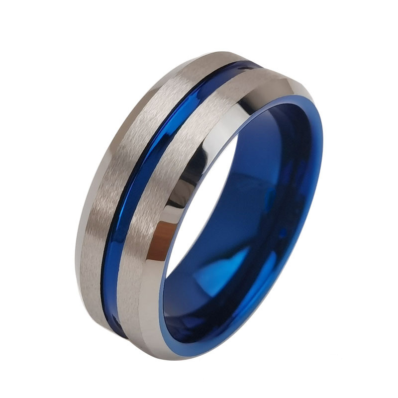 Pronto per la spedizione Nessun MOQ Anello in tungsteno blu spazzolato da 8 mm Design smussato con scanalatura Fornitore all'ingrosso della Cina