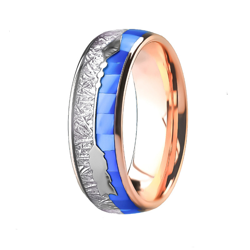 8mm Men's Tungsten Carbide Ring with 18K Rose Gold Plating, Inlaid with Blue Natural Shell and Meteorite Pattern - Factory Direct Wholesale