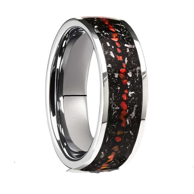 8mm Tungsten Carbide Flat Ring Wholesale: Meteorite & Red Opal Inlay for Modern Wedding Bands
