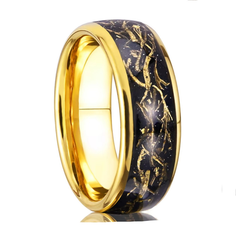 Bague pour homme plaquée or en carbure de tungstène de 8 mm avec fil de cuivre et incrustation de grès noir,