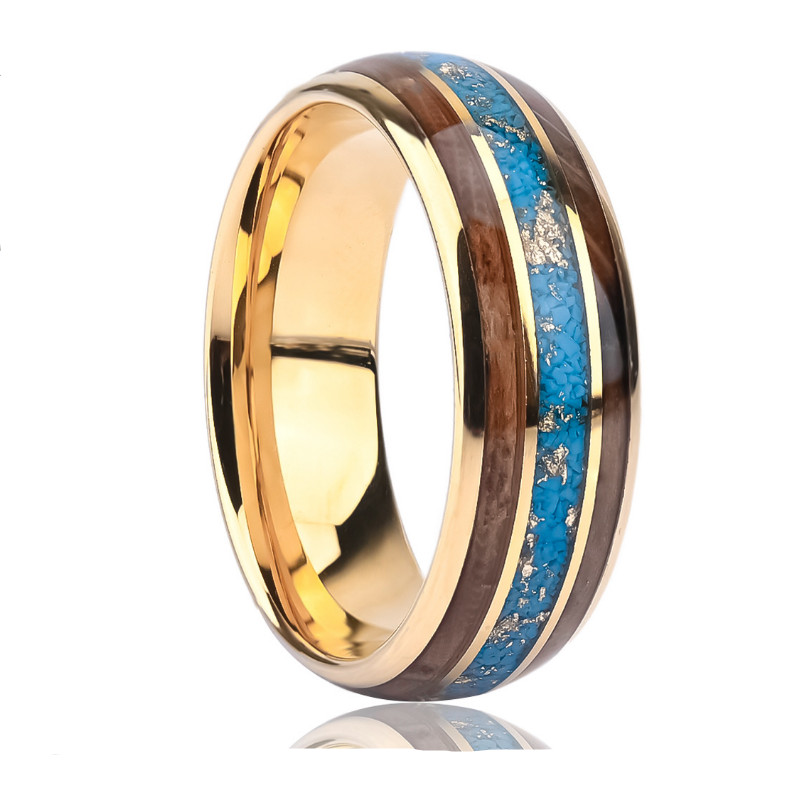 Premium 8mm Tungsten Carbide Ring with Wood & Turquoise Inlay - 18K Gold Plated | Wholesale Manufacturer