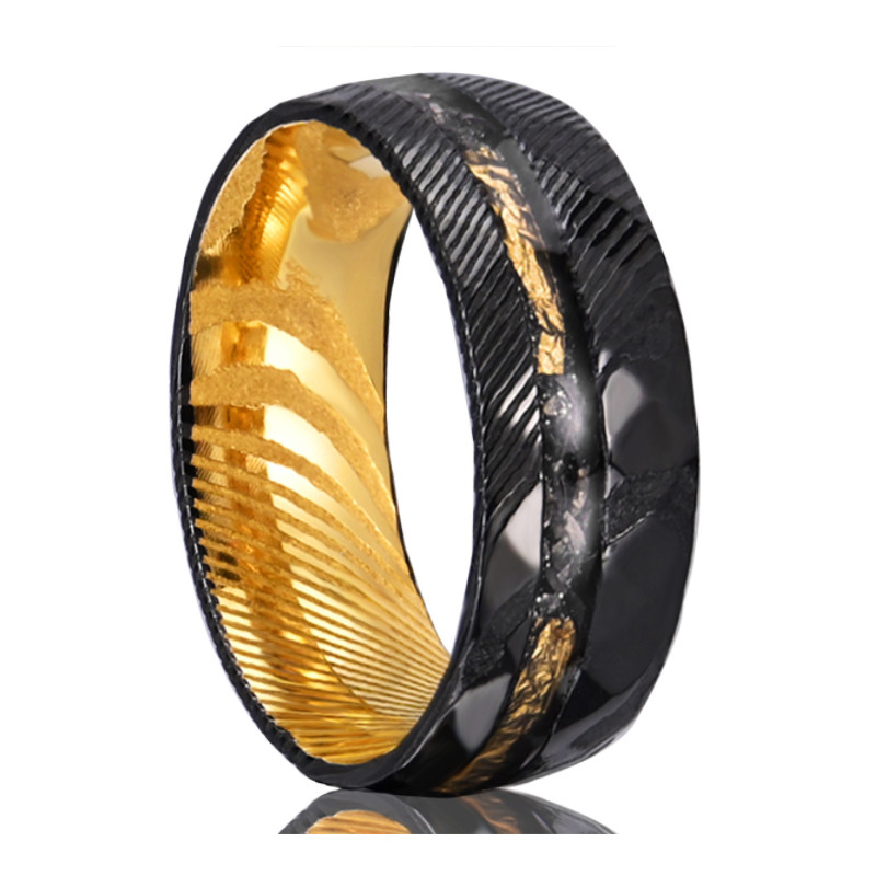 Wholesale 8mm Damascus Steel Men's Ring with Meteorite Inlay & Blackened Finish