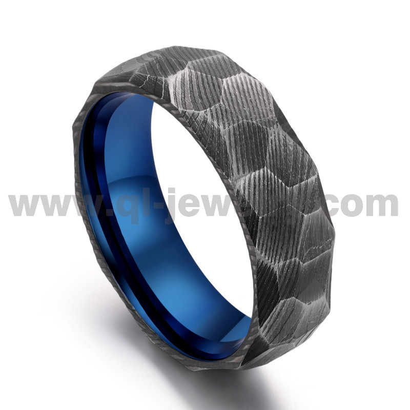 Wholesale Two-Tone Black & Blue Damascus Steel Wedding Band for Men | 8mm Hammered Texture