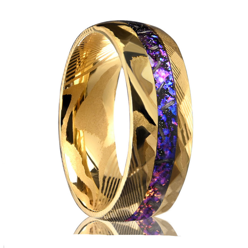 Fede nuziale da uomo in acciaio damasco premium con meteorite e inserto in cristallo viola | Fornitore OEM/ODM all'ingrosso