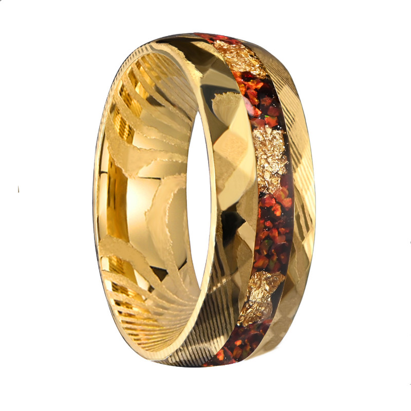 Fedi nuziali personalizzate in acciaio di Damasco sfuse | Placca in oro e inserto in opale rosso