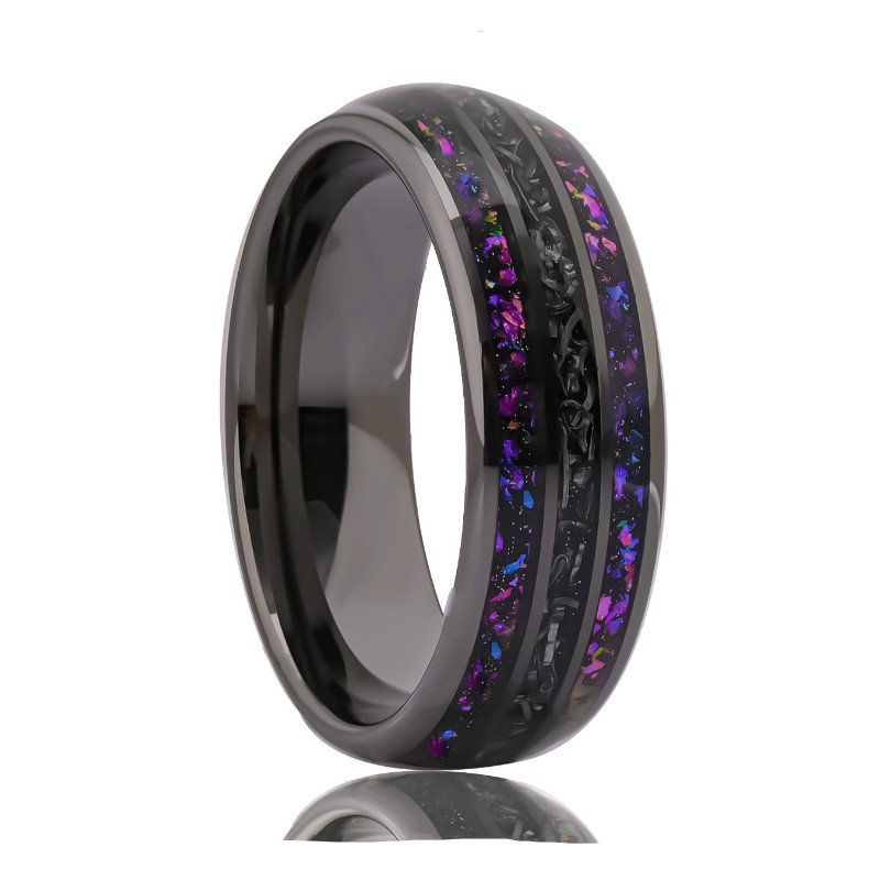 Bande de mariage en carbure de tungstène noir, 8 mm, avec incrustation de pierre de nuage et de météorite, vente en gros