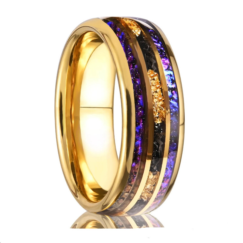 Bague de mariage pour hommes en carbure de tungstène bombé de 8 mm | Plaqué or avec incrustation d'opale et de feuille d'or