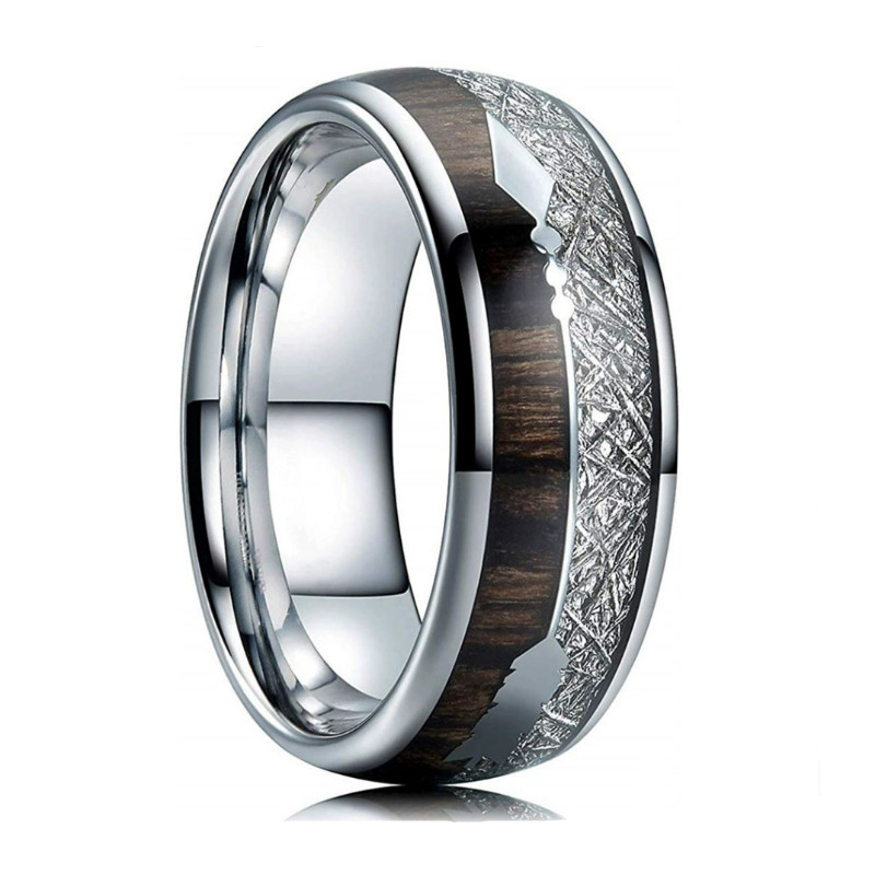Bague de mariage en tungstène poli de 8 mm avec incrustation de météorite et de bois de poirier pour hommes