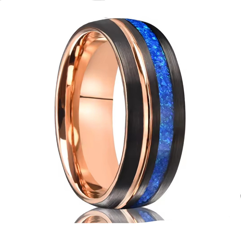 Anello da uomo premium in carburo di tungsteno bicolore nero e oro rosa da 8 mm con opale blu | Produttore all'ingrosso